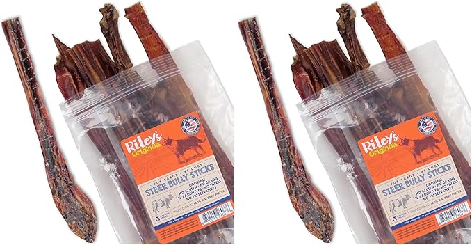Riley's Steer Bully Sticks for Large to XL Dog Breeds - Odor Free, Single Ingredient Treat - Easily Digestible, 100% Beef Pizzle Sticks for Dogs - 12", 5ct (Pack of 2)