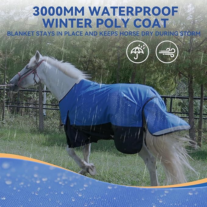 72” Winter Horse Blanket, 1200D Waterproof Poly Horse Turnout Blanket, Tear-Resistant Warmth Horse Blanket with Snuggit 220G Filling, Breathable Thick Turnout Blankets for Horse