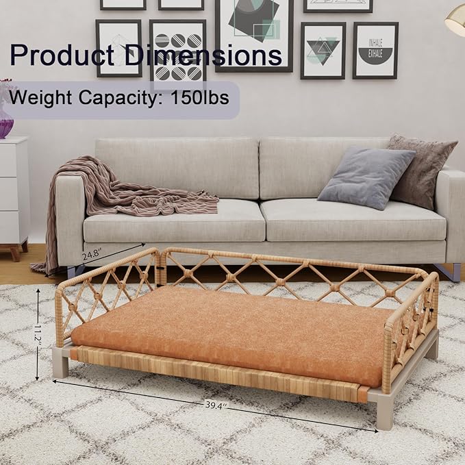 Dog Bed, Outdoor Waterproof Elevated Dog Couch with Washable Removable Cushion, Boho Rattan Wicker Orthopedic Indoor Raised Pet Sofa for Large Dogs (40" x 25", Brown)