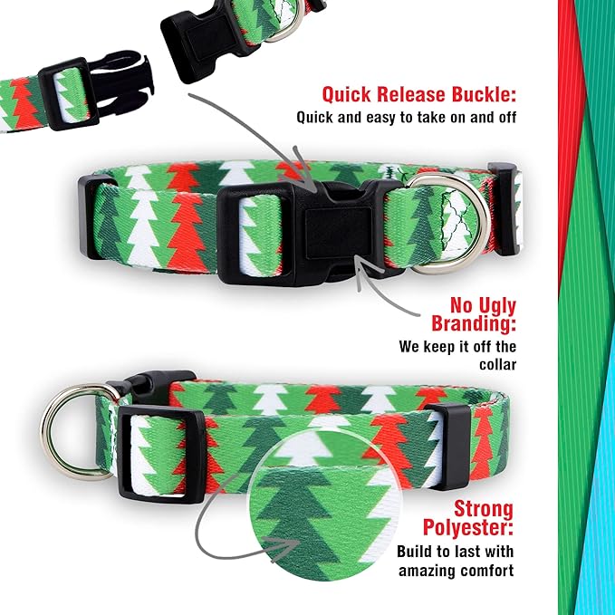 Native Pup Christmas Dog Collar- Winter Holiday Collars for Pets- Xmas Gift for Puppy- Santa, Reindeer, Snowman, Candy Cane, Red Green- Girl Boy- Small, Medium, Large Breeds (Christmas Tree, Medium)