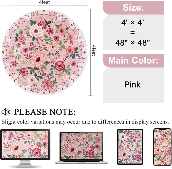 DUKINO Floral Round Rug, 4ft Washable Round Area Rug, Non Slip Indoor Low Pile