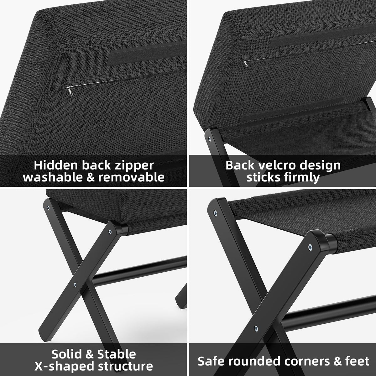BAMBOOHOMIE Foldable Foot Stool Ottoman, Small Padded Foot Rest with Bamboo X-Legs, Portable Folding Leg Rest for Living Room Bedroom Office, Soft Foam Cushion Step Stool for Couch & Armchair (Black)