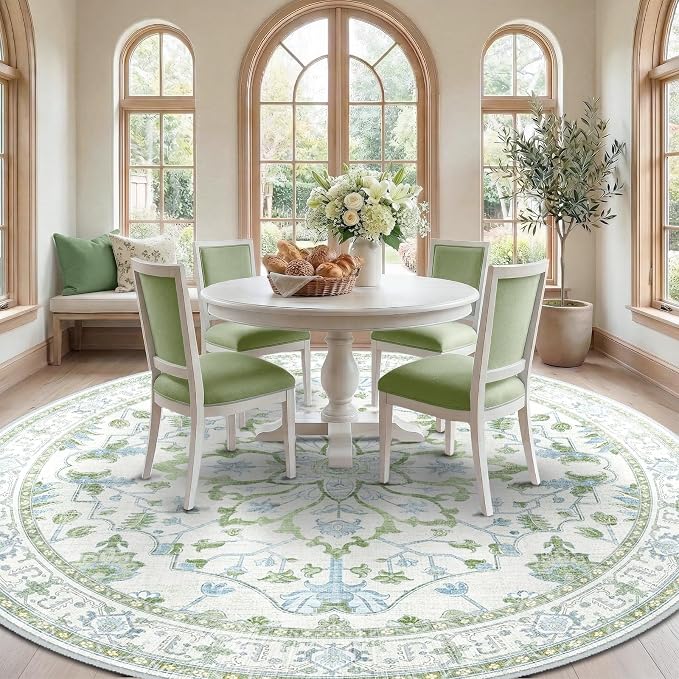 RELEANY Area Rugs Round 8ft Washable Non-Slip, Floral Vintage Distress
