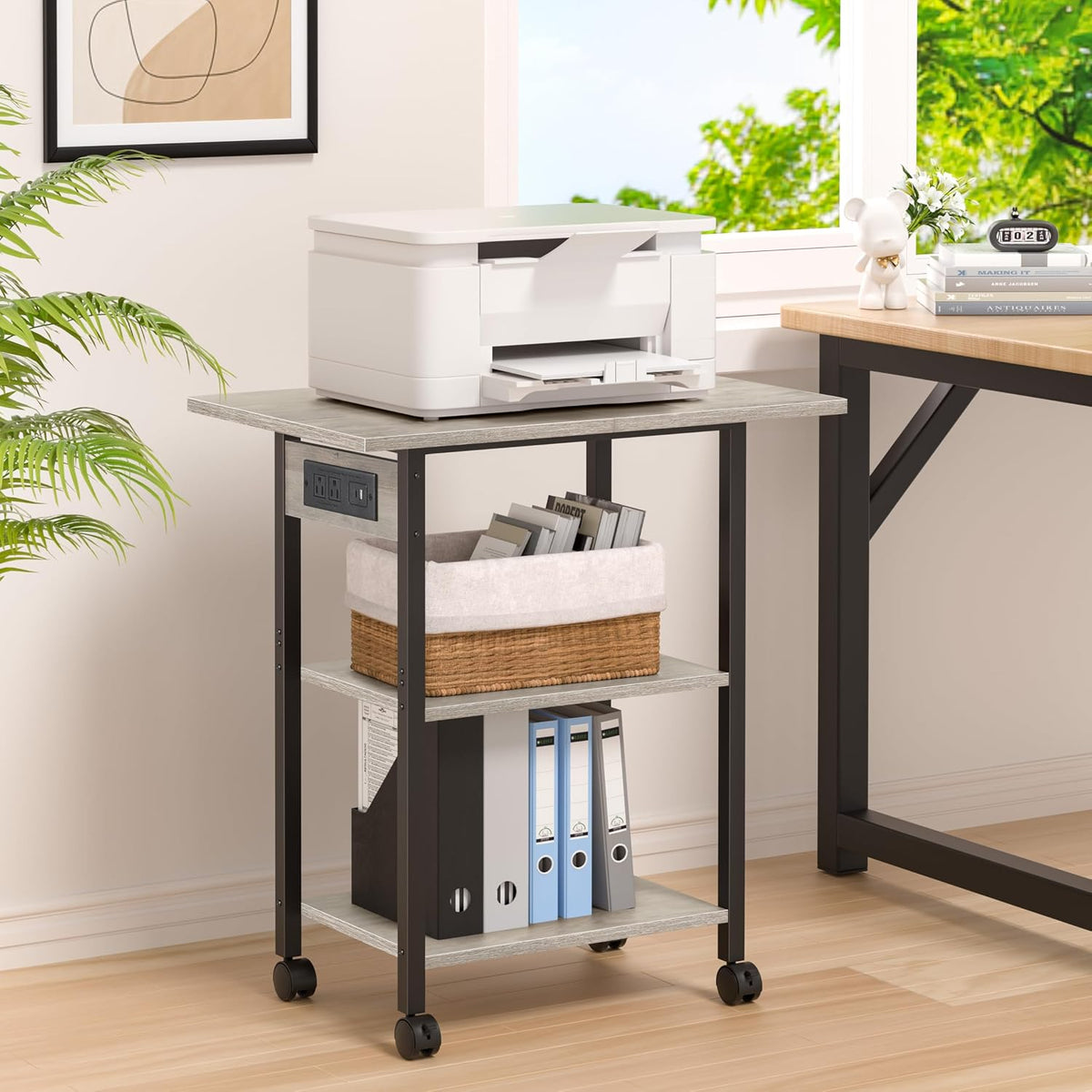 Lerliuo 3-Tier Printer Stand with Charging Station, Rolling Printer Table