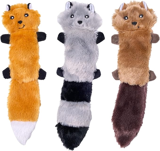 ZippyPaws Skinny Peltz - No Stuffing Dog Toy Pack to Keep Them Busy, for Small and Medium Dogs, Squeaky Pet Toys, Unstuffed Chew Toys, Soft Plush Variety Pack, Fox, Raccoon, and Squirrel - 11"