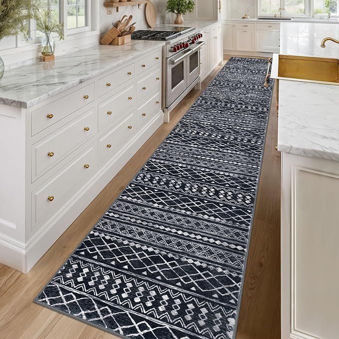 KUTA Long Hallway Runner Rug 2.6x16 Non-Slip Washable, Moroccan Vintage Black