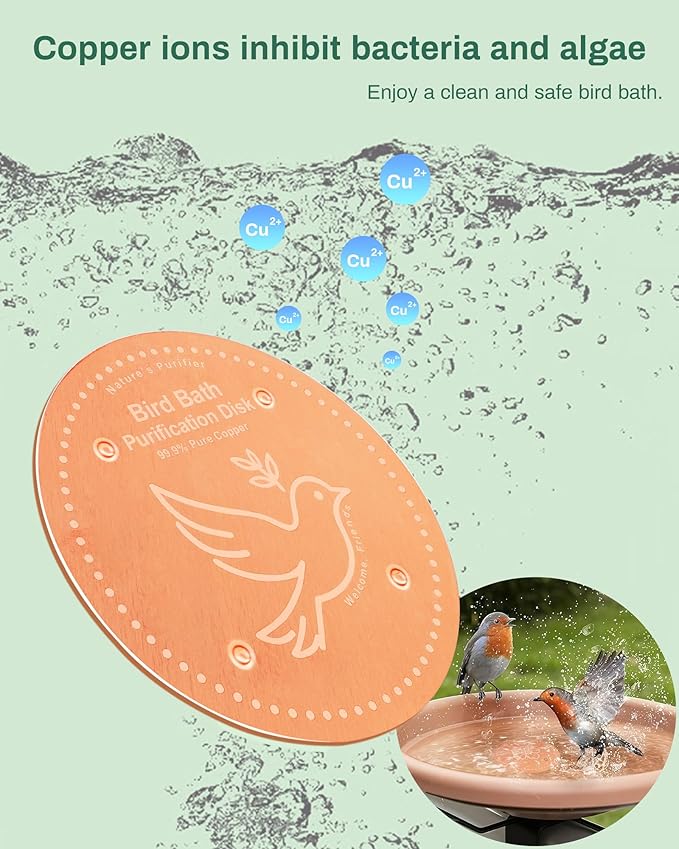 Bird Bath Purification Disk Pure Copper Outdoor Winter Solar Power Birdbath Heater Deicer Cage Hanging Bowl Metal Warmer Deck Railing Glass Concrete Ceramic Stone Stand Water Sunflower Bird