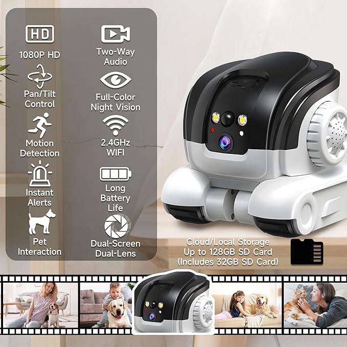 Pet Camera, 1080P Movable Robot Pet Cam Indoor with Phone APP, Security Camera for Home, Upgrade Wireless Dog/Cat/Baby Monitor WiFi Version & 32G SD Card, 2-Way Talk, Night Vision, Motion Detection