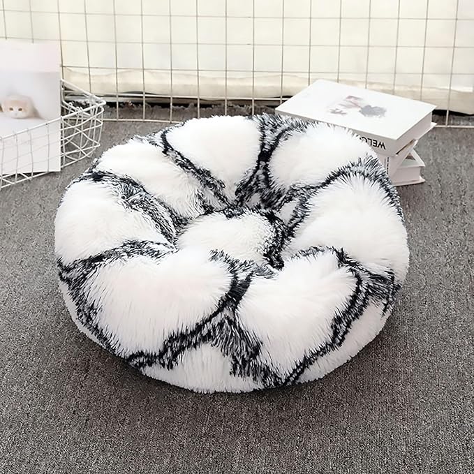 Calming Dog Bed for Small Dogs, Calming Donut Cuddler Pet Bed Anti Anxiety Round Dog Bed Fluffy Plush Faux Fur Cat Bed,Black+White,23.6IN