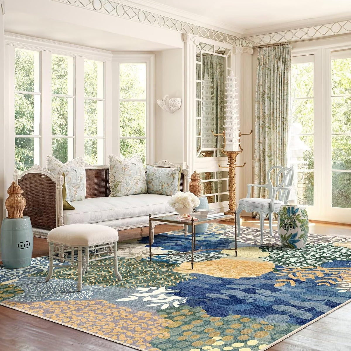 DEXDE 5x7 Area Rugs Washable Boho Carpet Floral for Living Room Blue