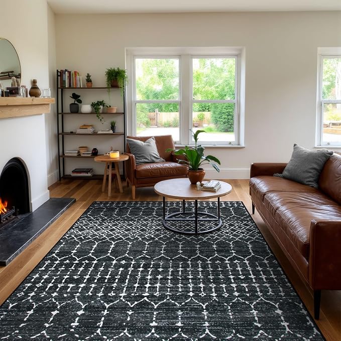 Lahome Moroccan Black 9x12 Rug for Living Room, Washable Non-Slip Ultra-Thin