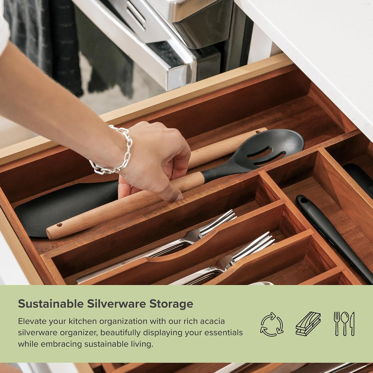 KitchenEdge Silverware & Utensil Drawer Organizer, 10.5-19 in, Acacia