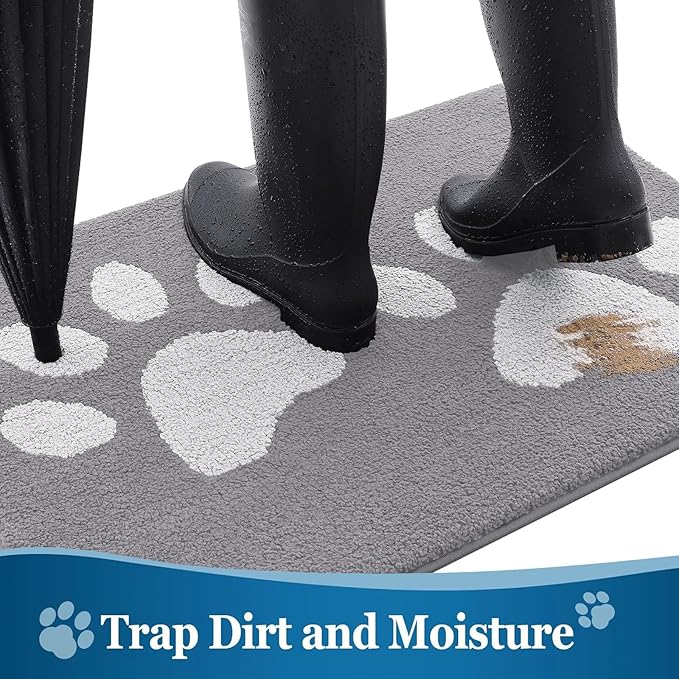 Buganda Dog Door Mat for Muddy Paws, Absorbent Dirt Trapper Washable Indoor Doormats, Non Slip Low-Profile Mud Mat for Dogs, Front Entrance Doormat for Inside Floor (36x24 Inches, Light Grey)