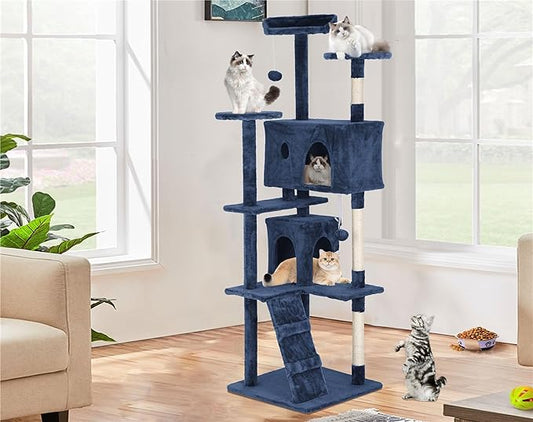 Heavy Duty Cat Tree Tower, 70" Tall Cat Tower for Indoor Cats with Cat Scratching Post with Bed, Cat Condo, Hanging Ball, Multi-Level Cat Climbing Tower Cat Trees Furniture Activity Center, Navy Blue