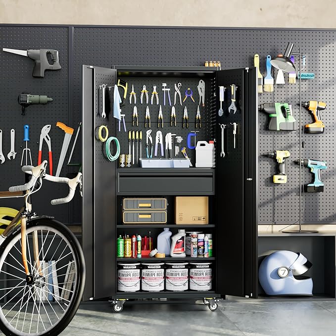 SUXXAN 71" Metal Garage Storage Cabinet with 16 Hooks and Pegboards,1 Drawer Inside Rolling Tool Storage Cabinet with Adjustable Shelves,3 Metal Hanging Rod for Garage,Warehouse