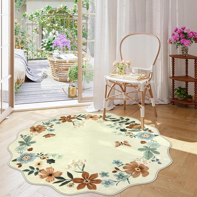 Lahome Floral Washable Round Rugs, Non-Slip Soft Round Rug 4ft Ultra-Thin