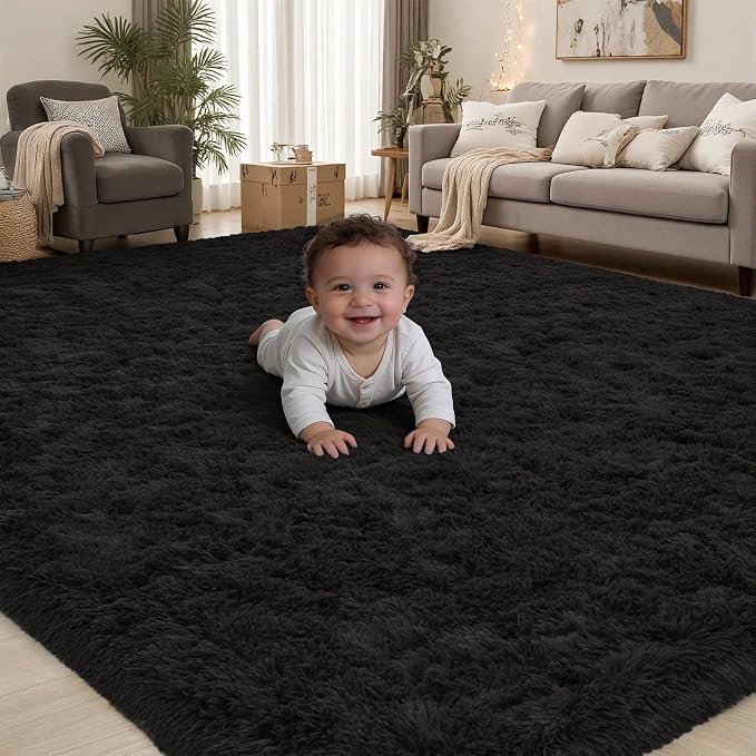 Area Rug for Living Room Bedroom: 5x7 Black Soft Fluffy Shag Upgrade Non-Slip
