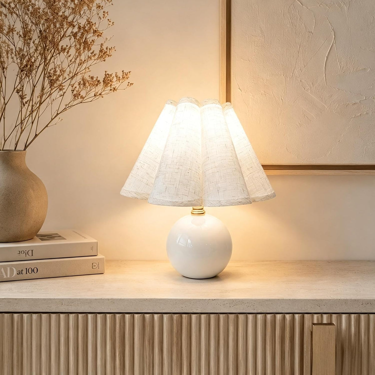 Small Ceramic Table Lamp, 11.5'' Cute Scalloped Lamp (White)