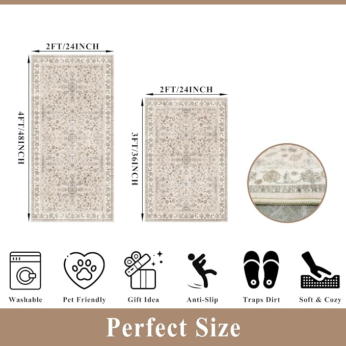 Kitchen Rugs Non-Slip Washable 2 Piece, Modern Boho Low Pile Stain-Resistant