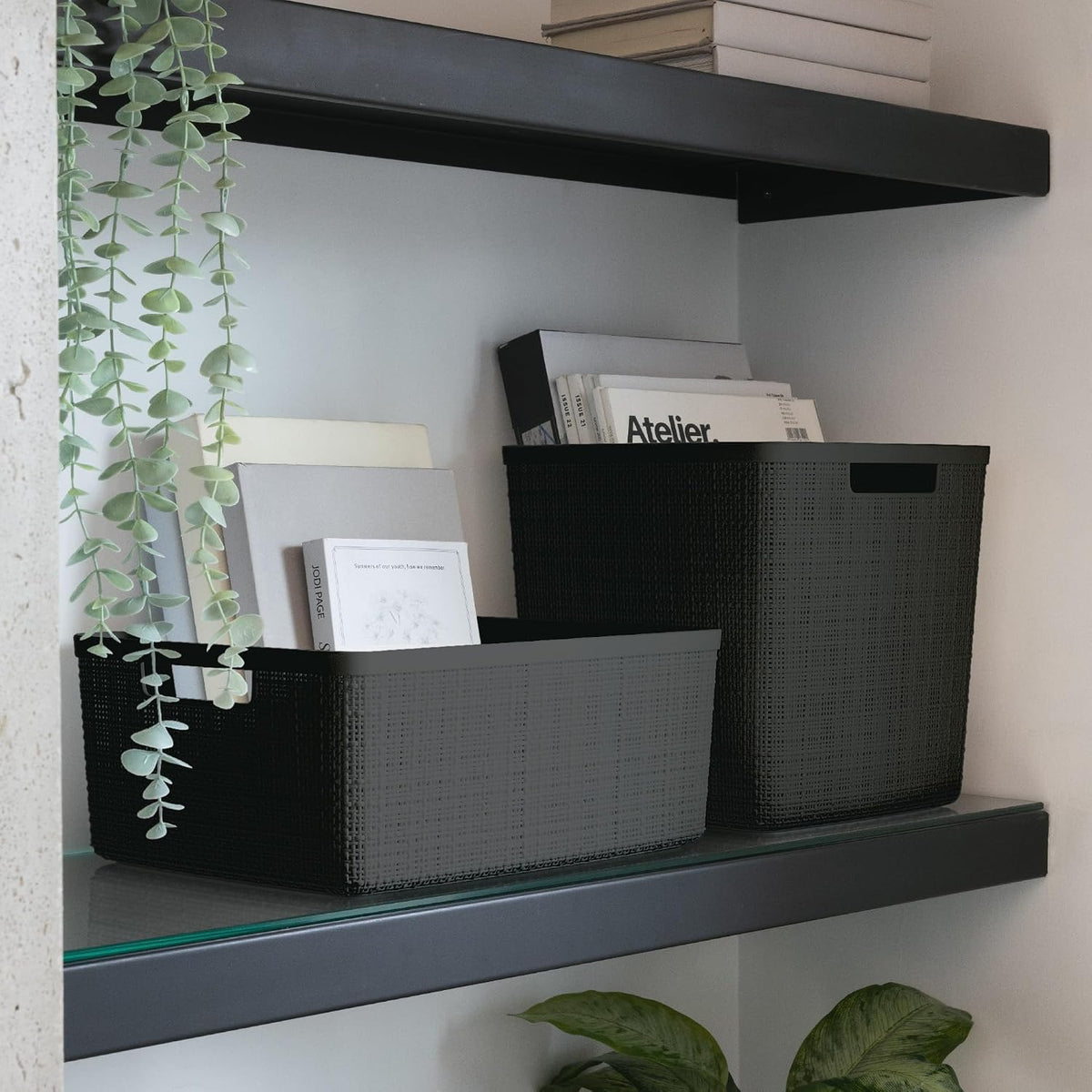 Curver Set of 6 Medium 12L Jute Decorative Plastic Organization and Storage Baskets - Perfect Bins for Home Office, Closet Shelves, Kitchen Pantry and All Bedroom Essentials, Black