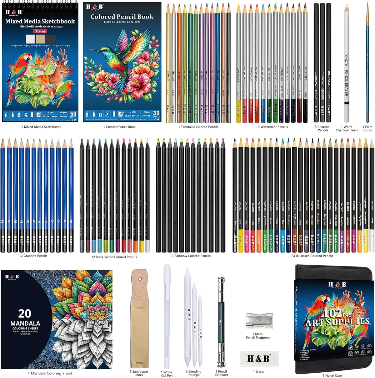 H & B 101PCS Sketching Kit Art Supplies for Adults with 3 Books & Zip Case