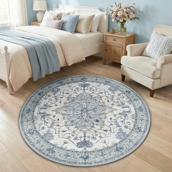 RELEANY Area Rugs Round 4ft Washable Non-Slip, Floral Vintage Distress