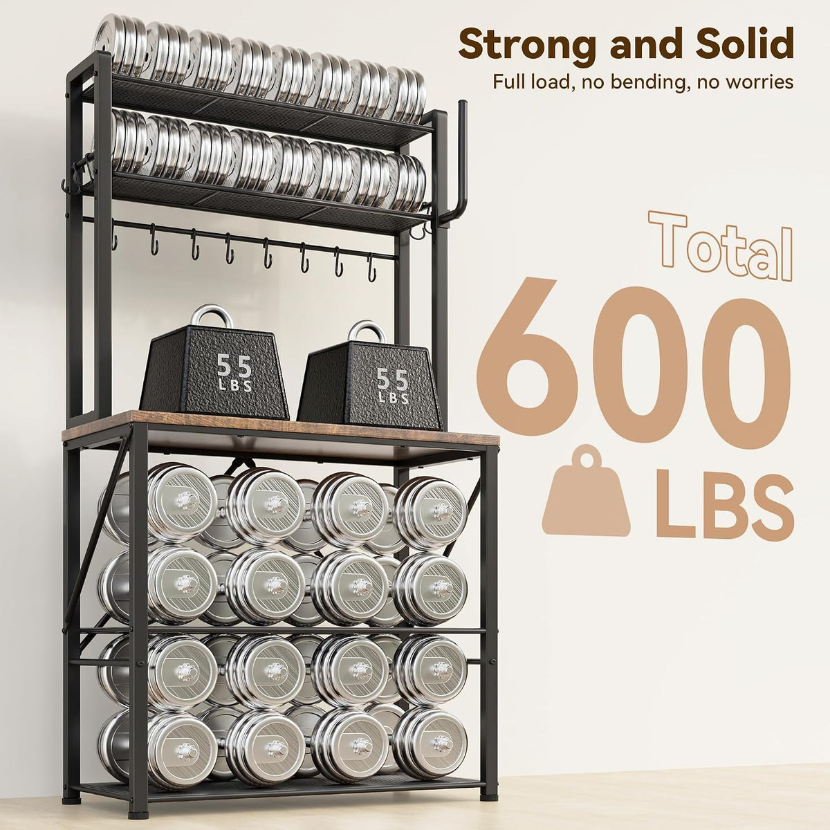 YASONIC Coffee Bar, Bakers Rack with Storage, 25.6 Inches Microwave Stand, 5 Tier Kitchen Shelves Appliance Storage, 12 S Hooks Large Coffee Station for Spices, Pots and Pans, Rustic Brown