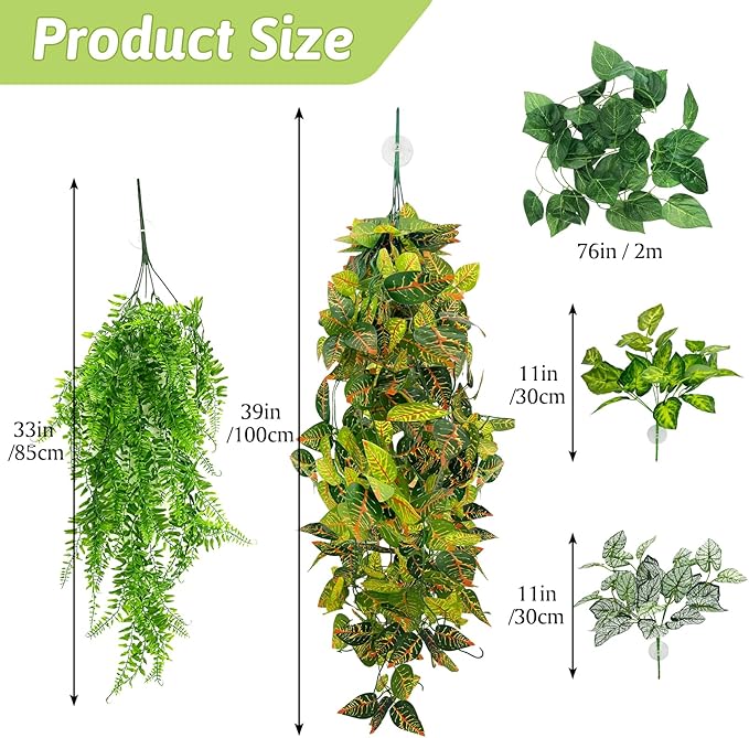 Hamiledyi 5 Pcs Reptile Plants Terrarium Hanging Fake Plant Leaves, Bearded Dragon Tank Accessories, Habitat Decor for Snake Leopard Gecko Lizard Chameleon Spider Turtle (Style 3)
