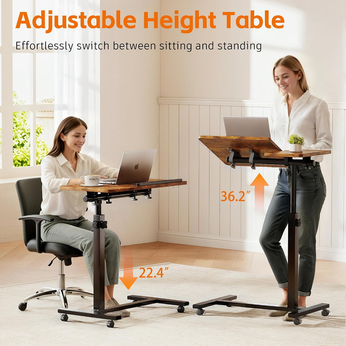 Adjustable Overbed Table with Wheels, Bedside Laptop Desk, Brown
