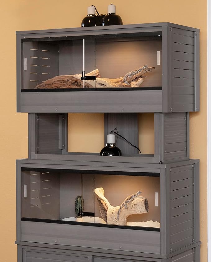 New Age Pet ECOFLEX Two Medium Reptile Enclosures with Matching Stacker and Cabinet Stand Set in Grey