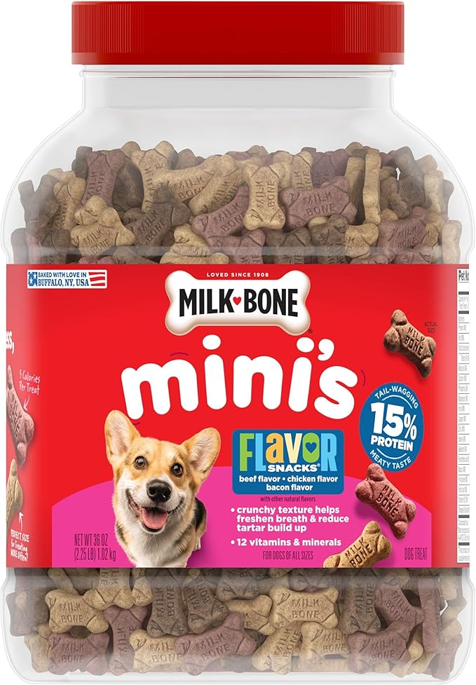 Milk-Bone Flavor Snacks Mini’s Dog Biscuits, Flavored Crunchy Dog Treats, 36 Oz. Canister (Pack of 2)