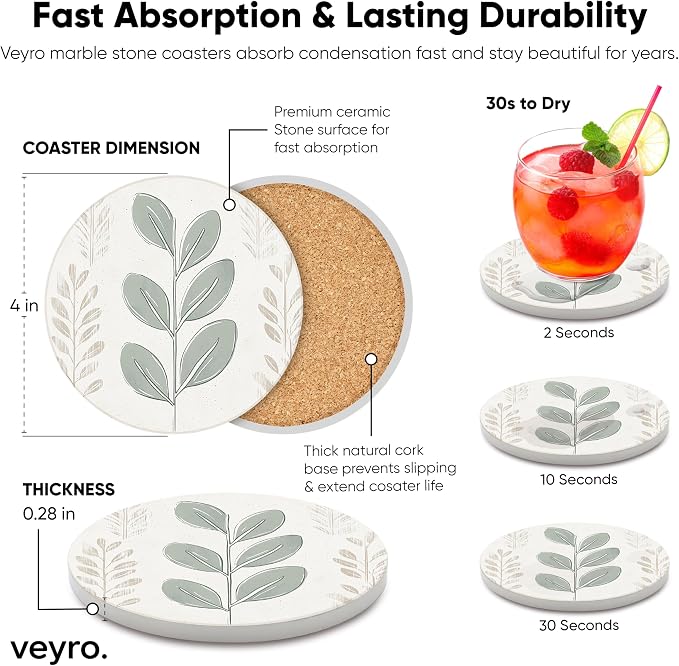 VEYRO Ceramic Coasters Set of 6 – Absorbent Stone Drink Coasters