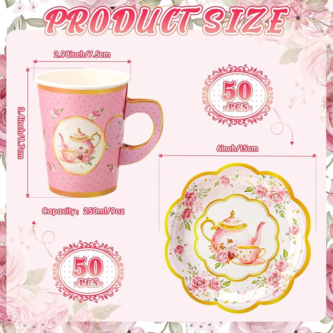 Tioncy 100 Pcs Tea Party Decorations Include 50 Pieces 9 oz Paper Tea Cups
