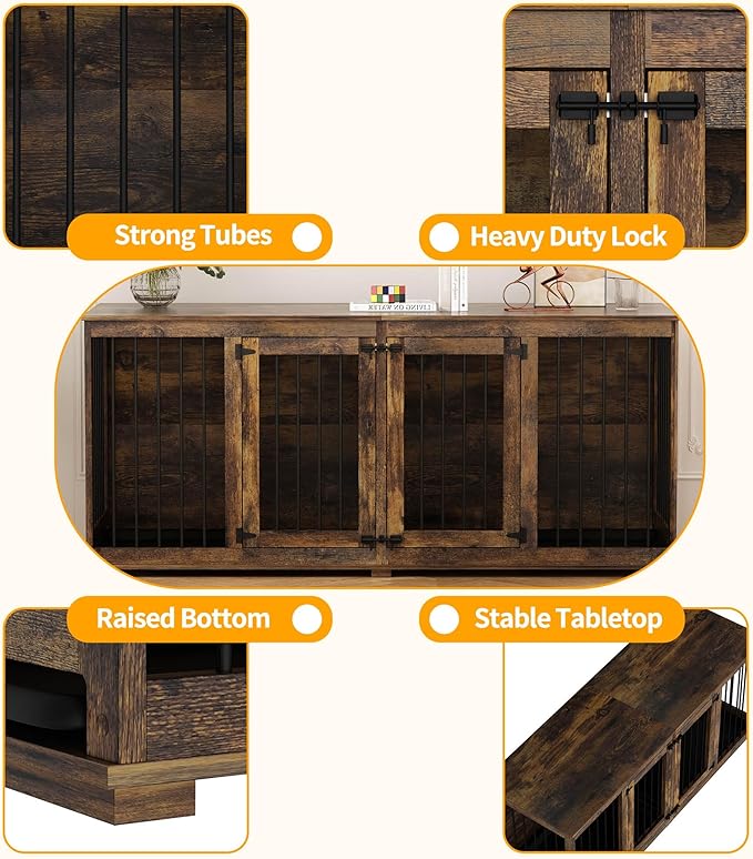 Large Funiture Style Dog Crate for 2 Dogs, 70" Wooden Dog Kennel Furniture with Removable Divider & 2 Trays, Indoor Heavy Duty Dog House w/Double Rooms for Large Medium Dogs, Brown