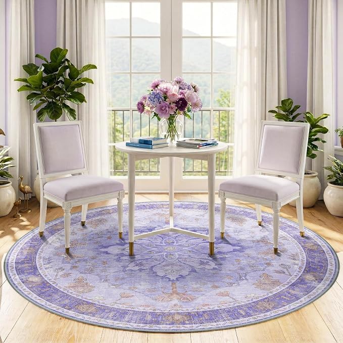 RELEANY Area Rugs Round 5ft Washable Non-Slip, Floral Vintage Distress