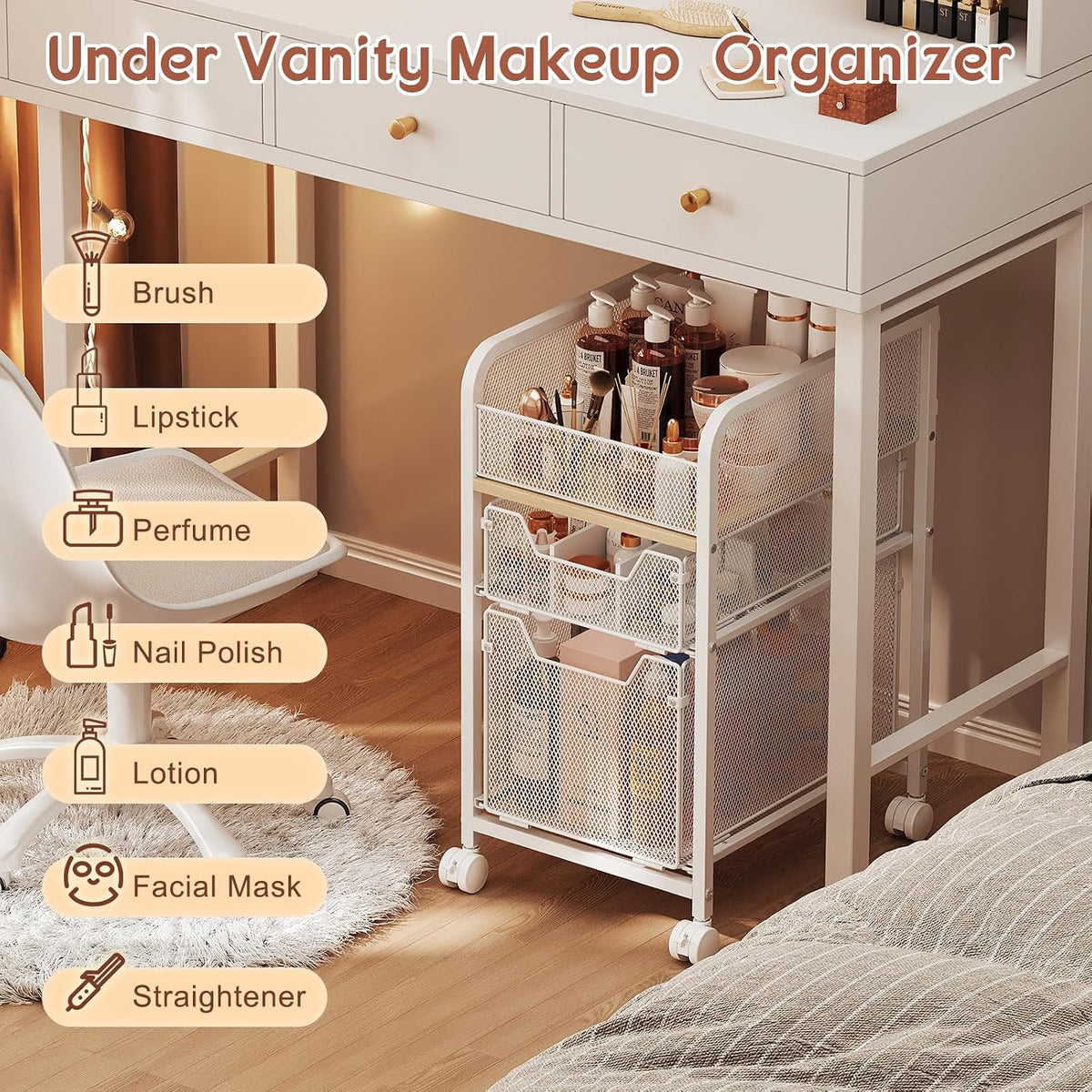 Hongtamoya Rolling Makeup Cart Organizer with 2 Drawers, Under Desk Storage