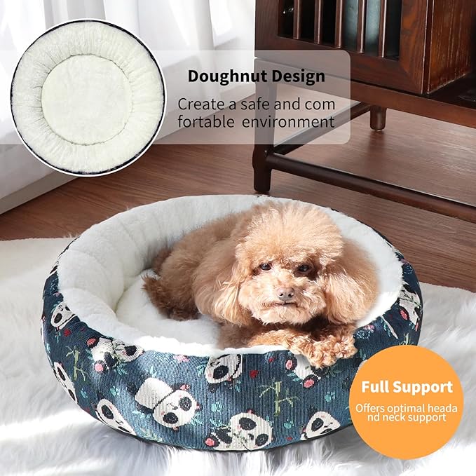 Circular Calming Dog & Cat Bed Anti-Anxiety Washable with Anti Slip Backing Donut Cuddler with Cute Jacquard Patterns for Cat and Small Puppy (XS-20in, Panda)