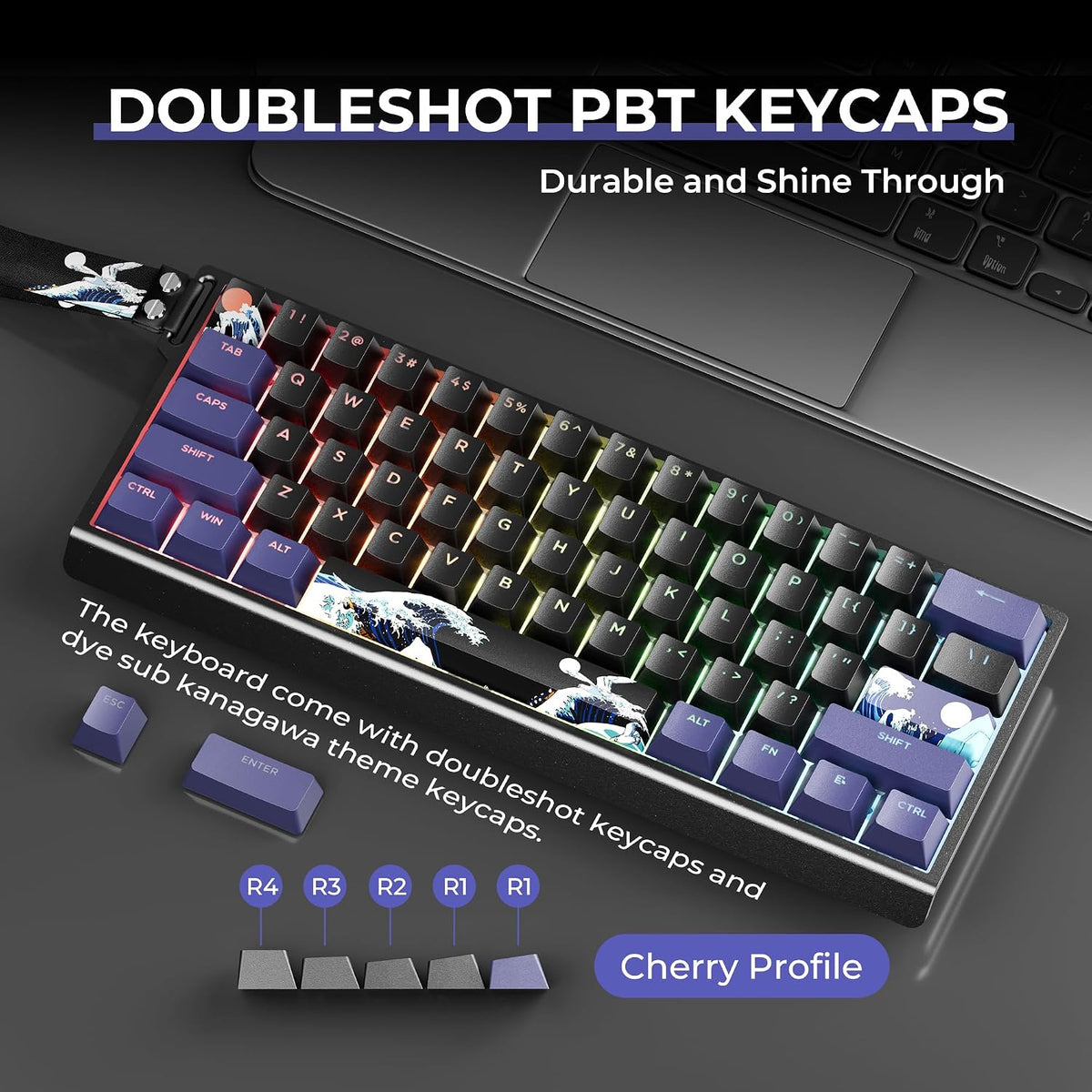 HITIME x XVX 60% Percent Keyboard with Strap, H61 Wired Aluminum Gaming Keyboard, Hot Swappable, Kanagawa Anime PBT Keycaps, RGB Backlit, Cherry Profile, Sound Absorbing Pads, Creamy Linear Switch