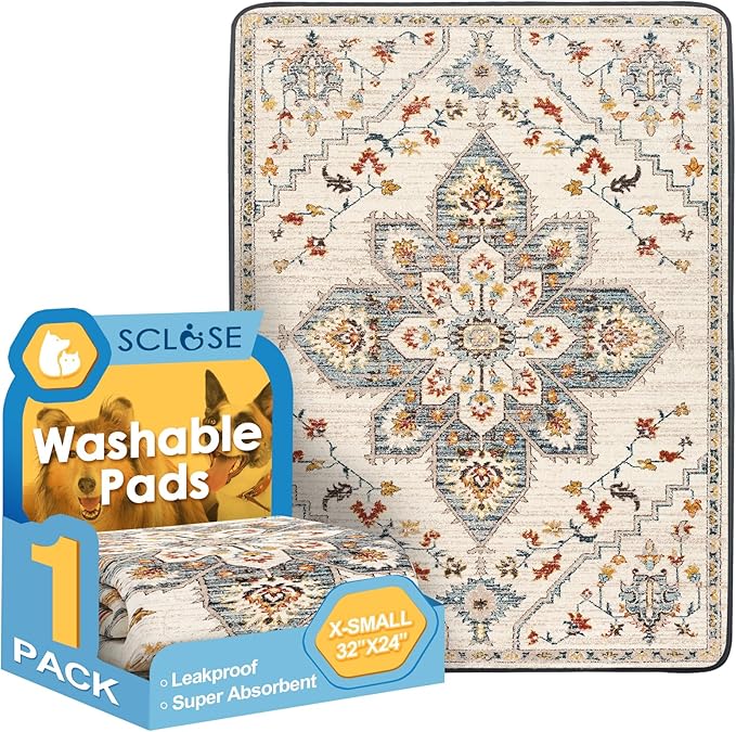 Washable Pee Pad for Dogs, 32" x 24" Reusable Puppy Pads Waterproof Dog Rugs, Super Absorbent, Leakproof, Dog Crate Pad, Playpen Mat, Whelping Pads, White Medallion