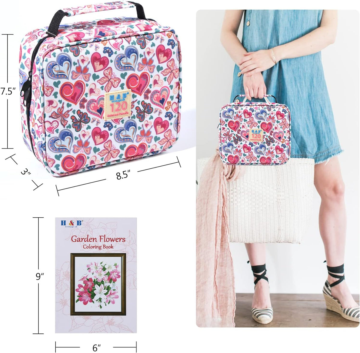 H & B 120 Oil-Based Colored Pencils Set with Coloring Book & Zipper Case