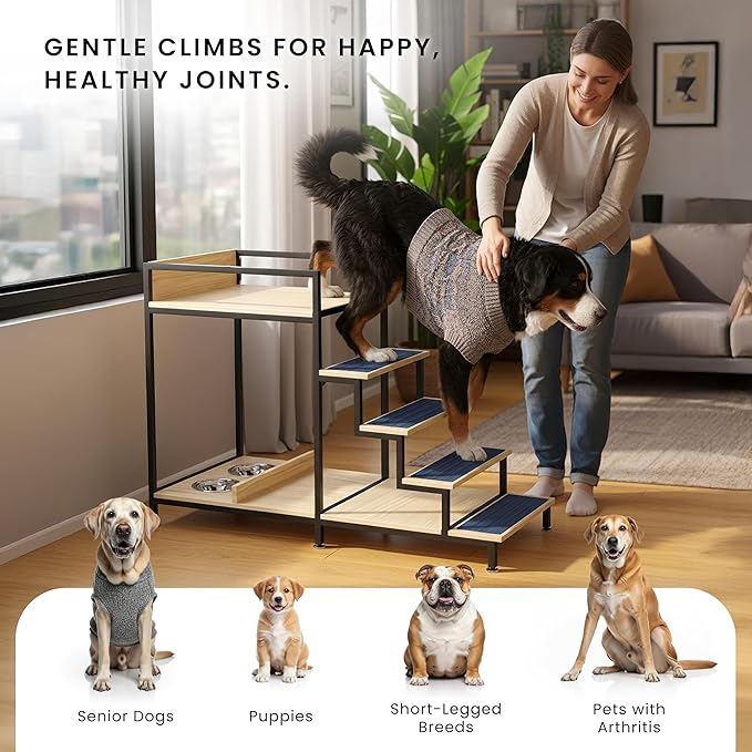 Dog Window Perch with Stairs - Multilevel Perch to Look Out Window with 130 lbs Load Capacity - Pet Bunk Bed with Feeding Station & Anti-Slip Carpet (Natural Color)