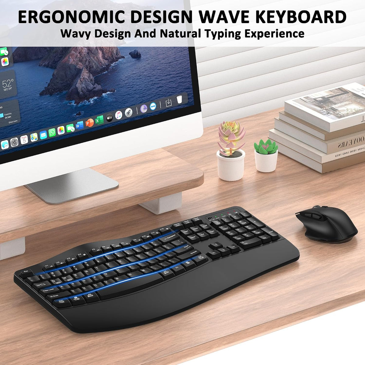 Wireless Keyboard and Mouse Combo, 2.4G Ergonomic Wave Keys(Black)