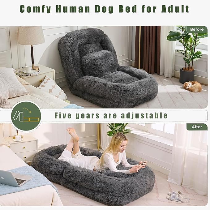 Human Dog Bed for Adult and Kids, Comfy Foldable Lazy Floor Sofa Bed with 5 Adjustable Position, Grey Upholstered Floor Bean Bag Lounger Chair for Bedroom, Living Room,Office (Dark Gray)