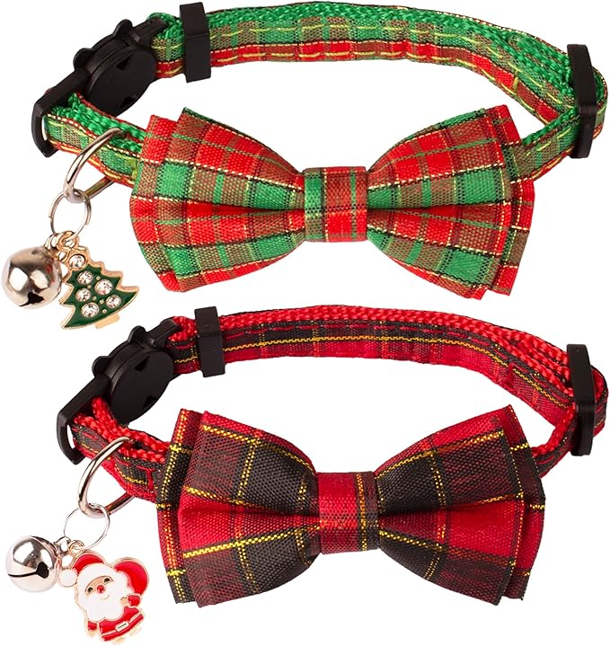 ADOGGYGO Christmas Cat Collars with Bow Bell, Breakaway Red Green Plaid Christmas Bowtie Collars for Girl Boy Cats Kittens
