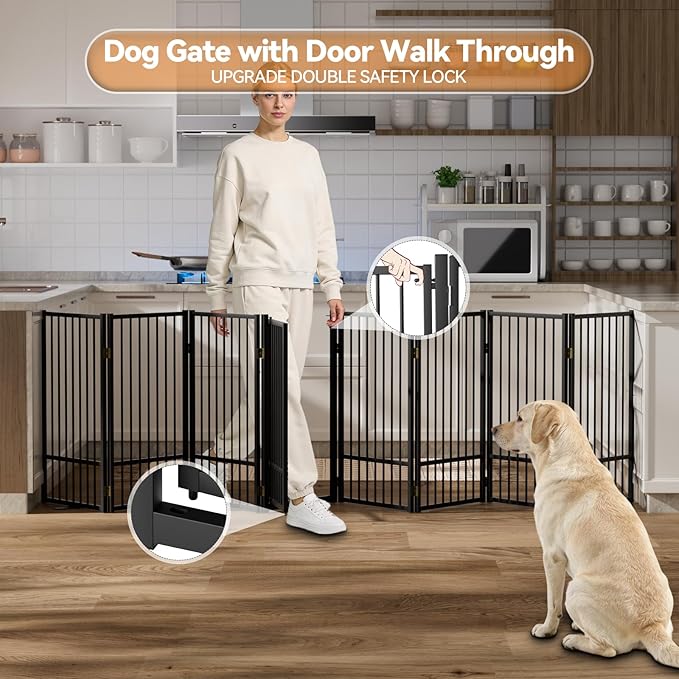 Full Metal Freestanding Dog Gate with Door, 36''Height Foldable Pet Dog Fence for Indoor & Outdoor, 8 Panels Extra Wide Free Standing TallDog Gates for Doorways,House,Stairs,Porch,Deck,Yard