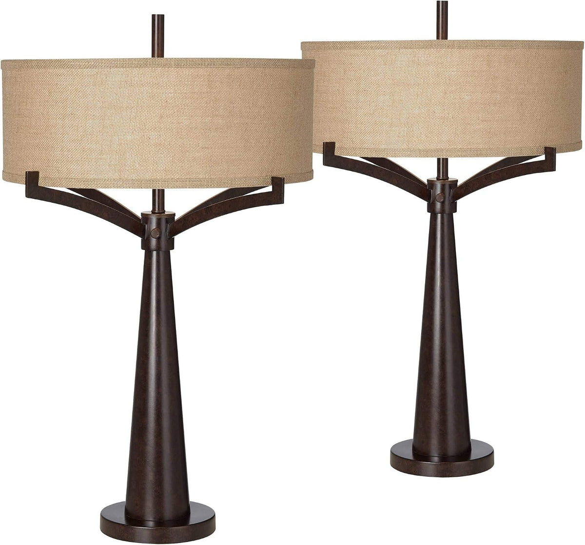 Franklin Iron Works Tremont Mid Century Modern Industrial Table Lamps 31.5" Tall Set of 2 Rich Bronze Iron Burlap Fabric Drum Shade for Living Room Bedroom House Bedside Nightstand Home Office