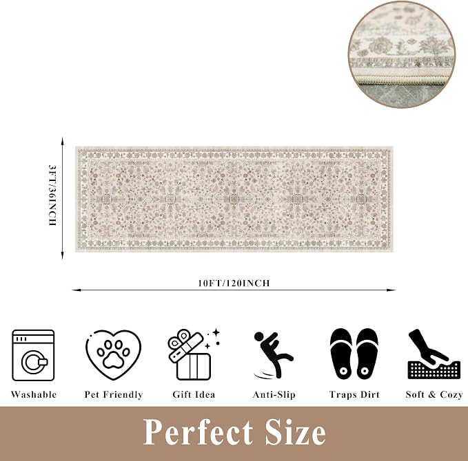 3x10ft Hallway Runner Rug Non-Slip Washable – Soft Long Carpet Runner