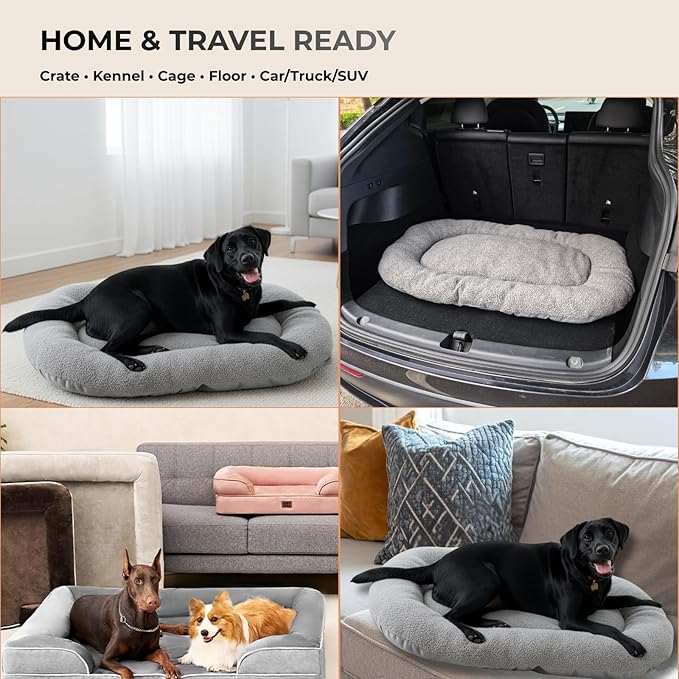 Washable Dog Bed for Large Dogs, Dog Beds Large Sized Dog, Reversible Plush & Oxford Dog Bed for Crates, 3" Thick Cushion Kennel Mat, Machine Washable Non‑Slip Pet Bed, Fits 42 Inch Crates, Grey