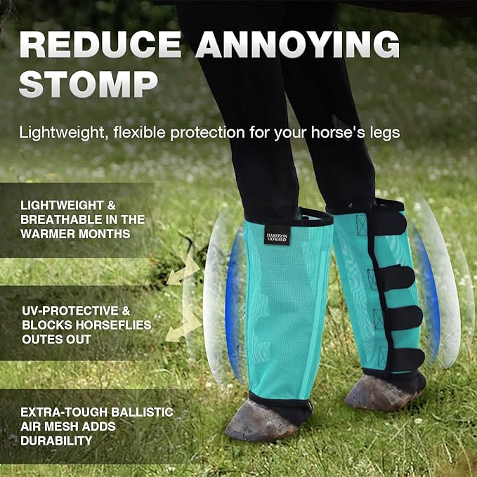 Harrison Howard Loose Fitting Fly Boots UV-Protective Extra Tough Mesh Ventilated Four Fasteners Stay-on Design Protect Horse Legs & Stomp-Reducing Set of 4 Mint Large