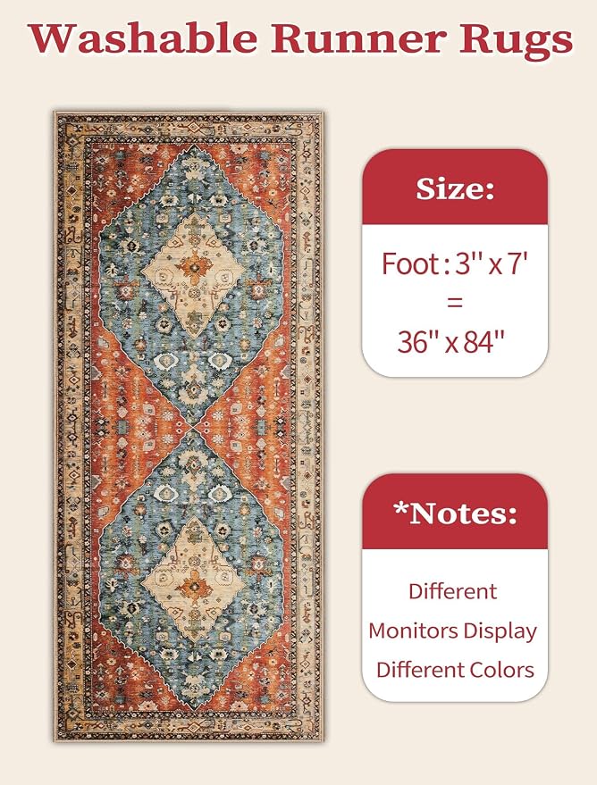 SERISSA Boho Kitchen Runner Rug, 3x7 Washable Non-Slip Runner Rug